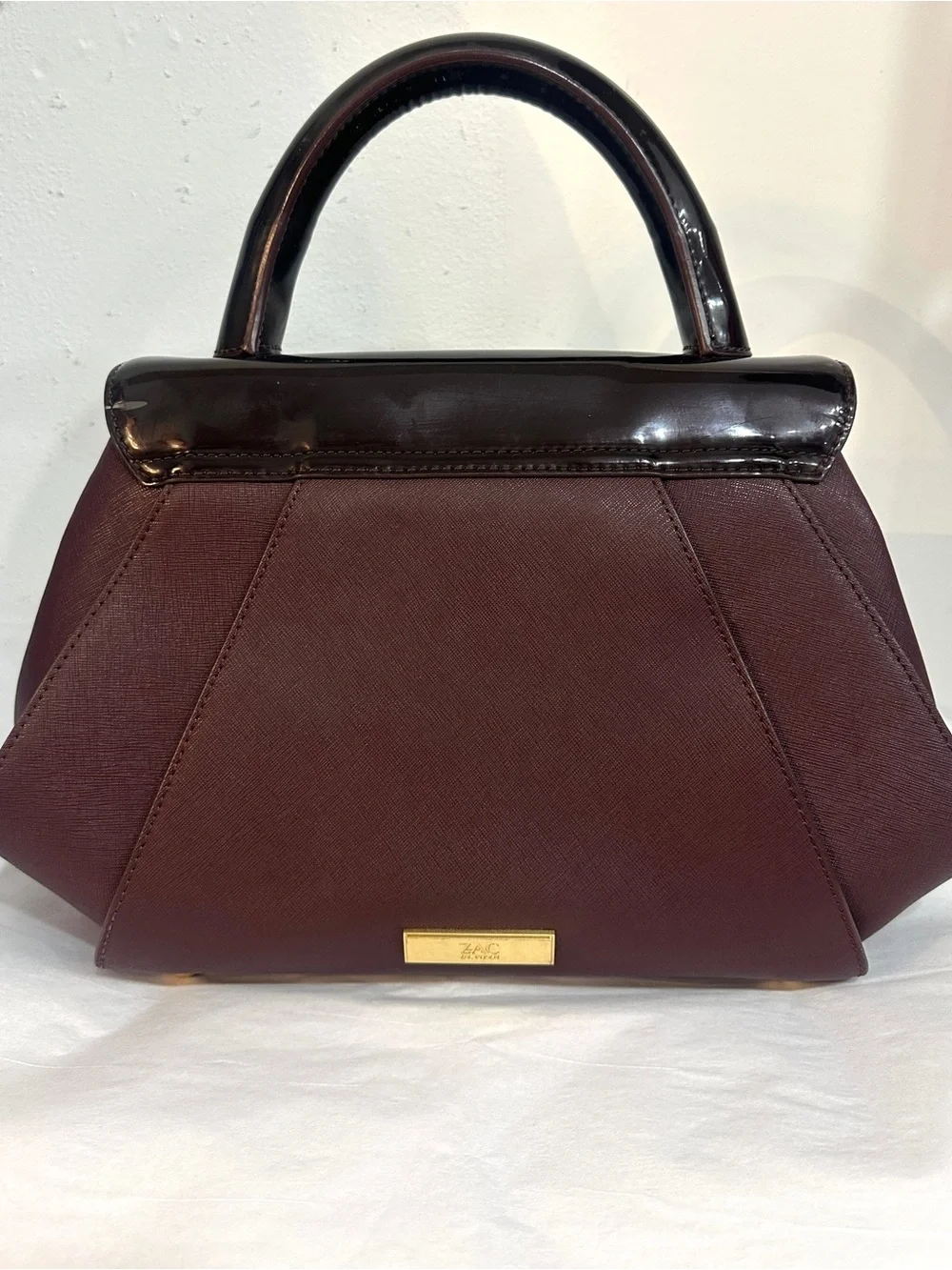 ZAC Zac Posen Two-Tone Burgundy Top-Handle Satchel with Gold Hardware